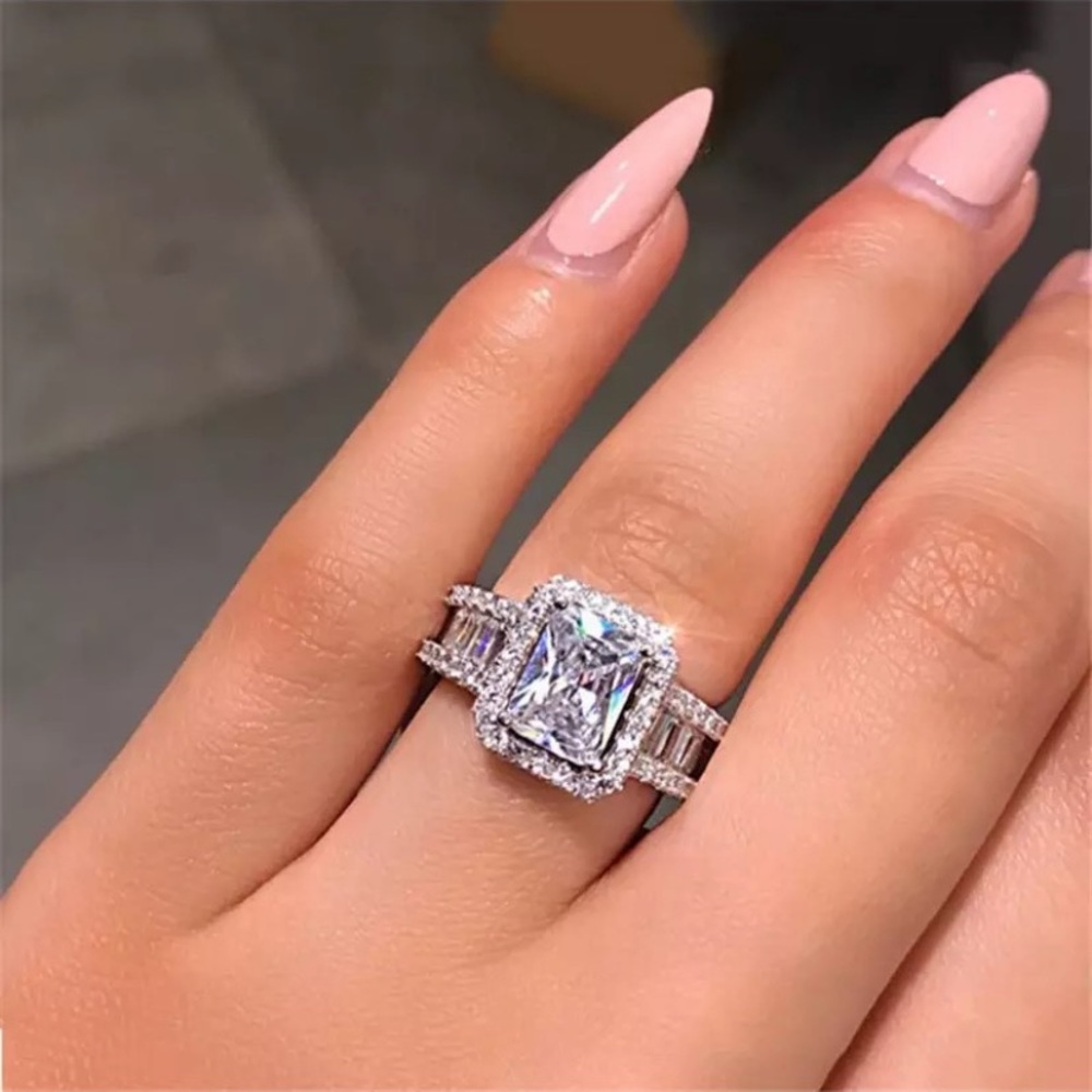 NEW! Dainty 18K Radiant-Cut Halo Engagement Ring